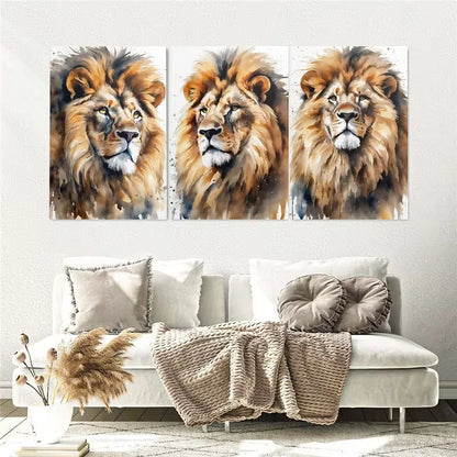 3pcs Lion Watercolor Safari Animal Wall Art Set Canvas Framed 60x90cm - High Quality Print 100% Australian Made Wall Canvas Ready to Hang