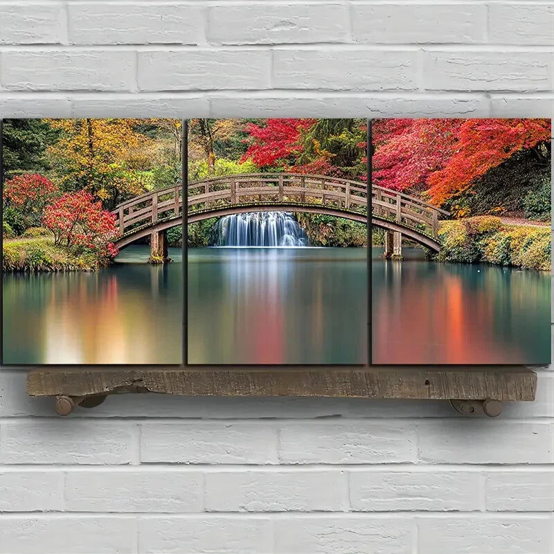 3pcs Waterfalls and Wooden Bridges Red Trees Metal Print Ready to Hang Art