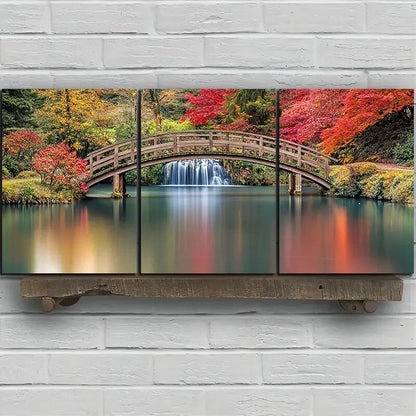 3pcs Waterfalls and Wooden Bridges Red Trees Metal Print Ready to Hang Art