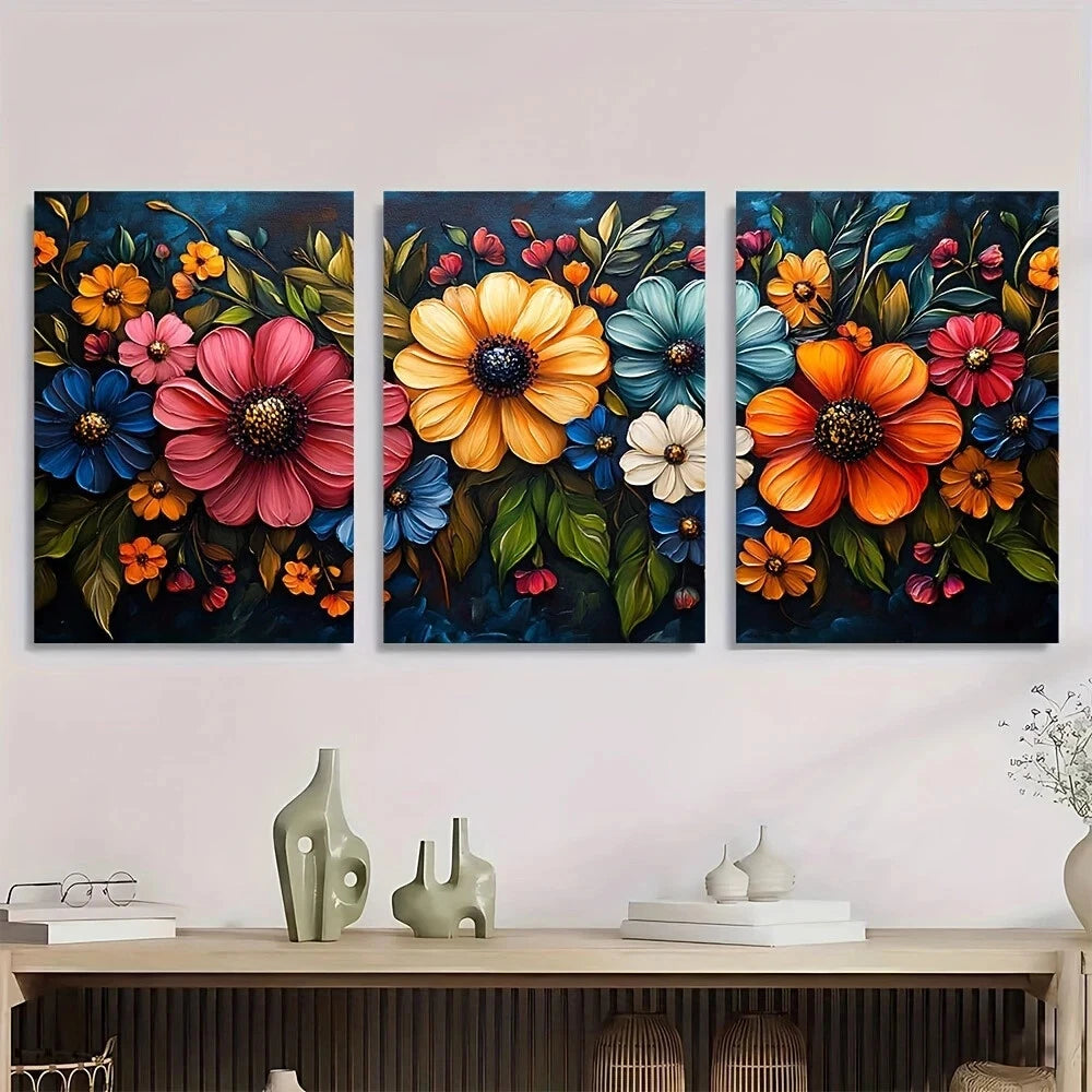 3pcs Vibrant Abstract Colorful Floral Leaves Metal Print Ready to Hang Art