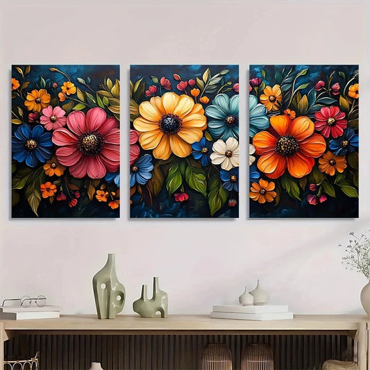 3pcs Vibrant Abstract Colorful Floral Leaves Metal Print Ready to Hang Art