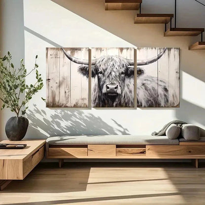 3pcs Vintage Farmhouse Highland Cattle Wall Art Set Canvas Framed 40x60cm - High Quality Print 100% Australian Made Wall Canvas Ready to Hang