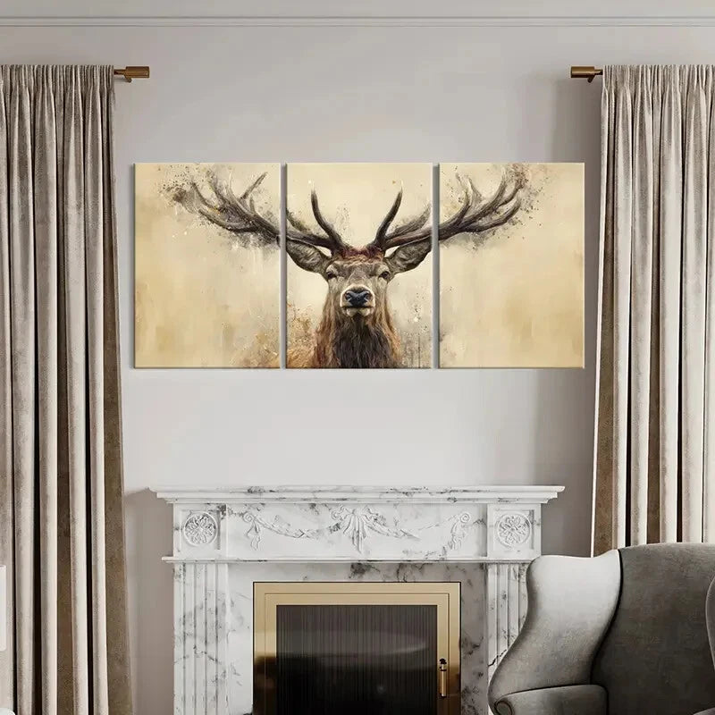 3pcs Artistic Deer Portrait Abstract Antlers Wild Metal Print Ready to Hang Art
