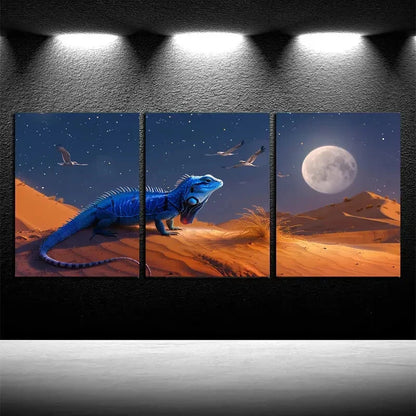 3pcs Charming Lizards & Birds with Moon View Metal Print Ready to Hang Art