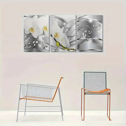 3pcs Modern White Orchid Abstract Metal Print Ready to Hang Art
