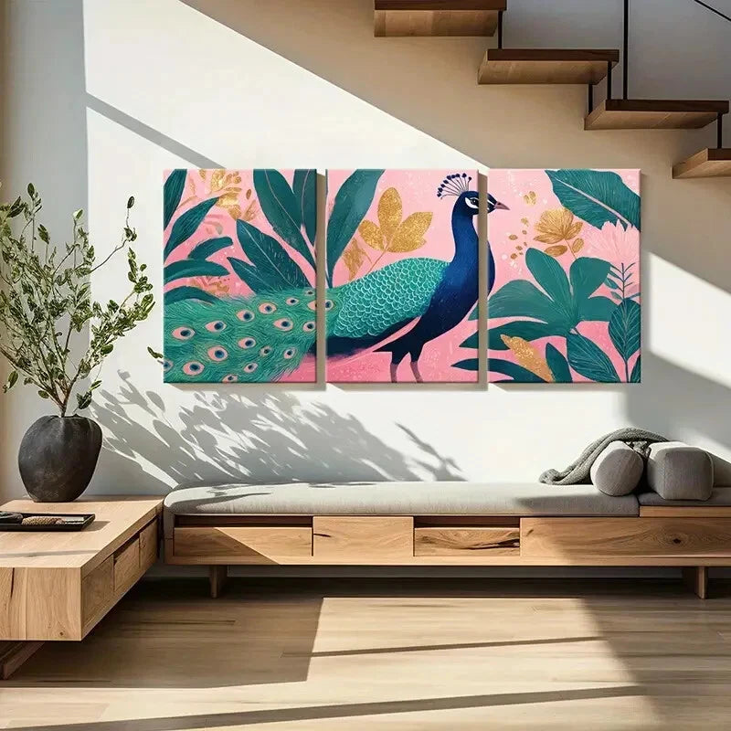 3pcs Peacock Art Tropical Leaves Golden Accents Metal Print Ready to Hang Art