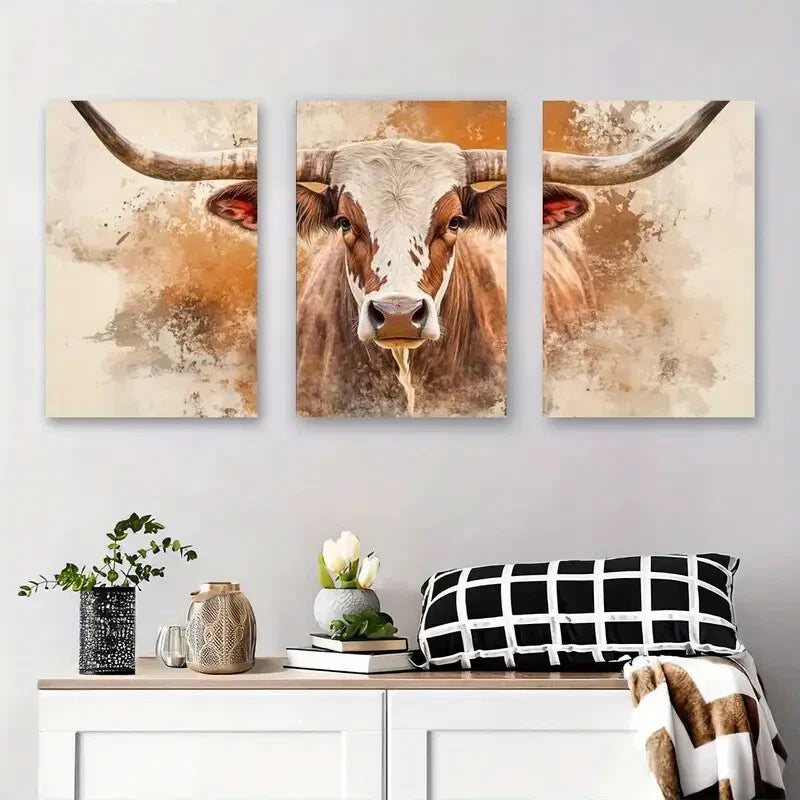 3pcs Rustic Longhorn Cow Décor Modern Perfect Wall Art Set Canvas Framed 40x60cm - High Quality Print 100% Australian Made Wall Canvas Ready to Hang