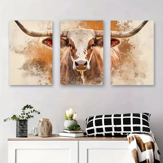 3pcs Rustic Longhorn Cow Décor Modern Perfect Wall Art Set Canvas Framed 40x60cm - High Quality Print 100% Australian Made Wall Canvas Ready to Hang