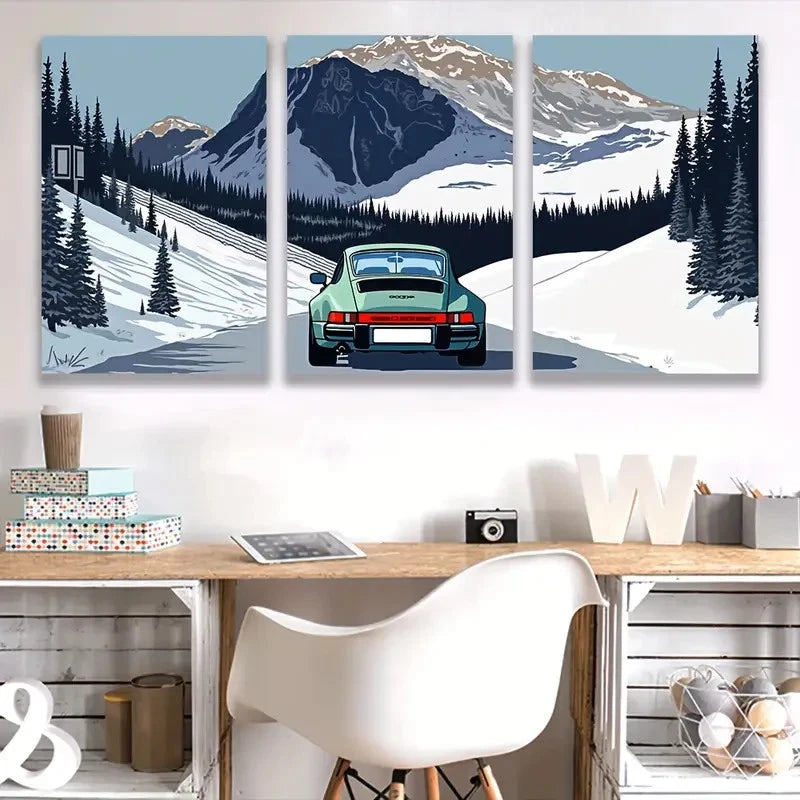 3pcs Car on Snowy Mountain Road Wall Art Set Canvas Framed 50x70cm - High Quality Print 100% Australian Made Wall Canvas Ready to Hang
