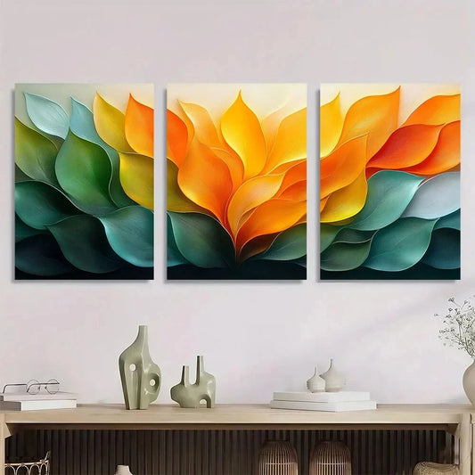 3pcs Leafy Abstraction Vibrant Green Yellow Leaf Metal Print Ready to Hang Art