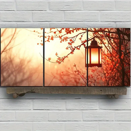 3pcs Plum Blossoms and Lanterns Scenery Metal Print Ready to Hang Art