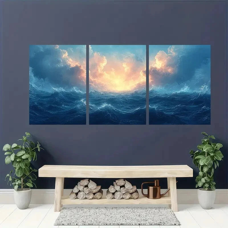 3pcs Featuring an Ocean Landscape Artwork Metal Print Ready to Hang Art