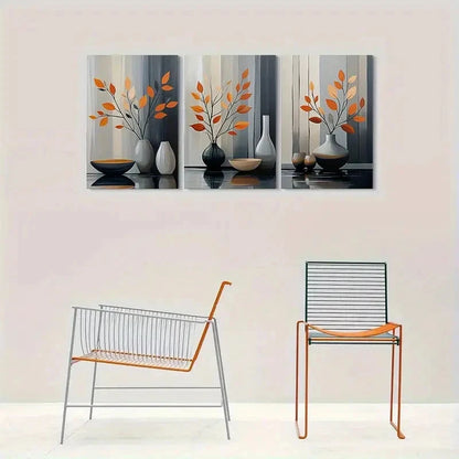 3pcs Modern Abstract Orange Leaf Vase Metal Print Ready to Hang Art