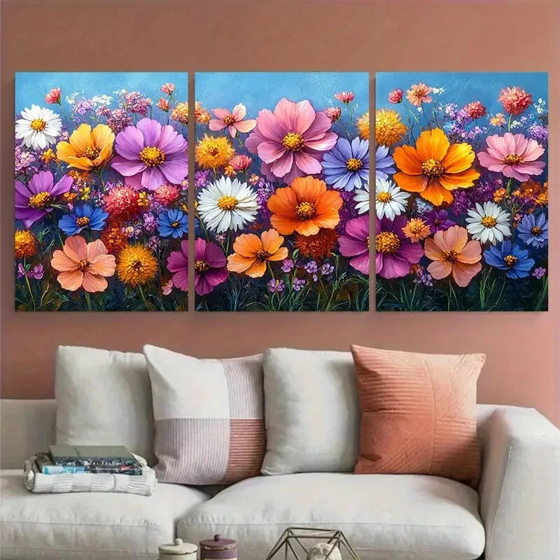 3pcs Vibrant Floral Abstract Cosmos & Daisies Metal Print Ready to Hang Art
