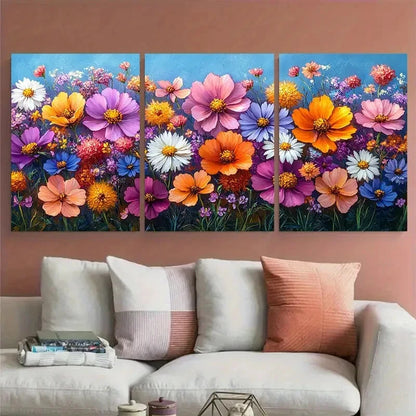 3pcs Vibrant Floral Abstract Cosmos & Daisies Metal Print Ready to Hang Art