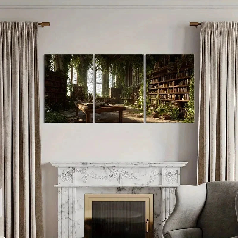 3pcs Enchanted Gothic Architecture Bookshelves Metal Print Ready to Hang Art