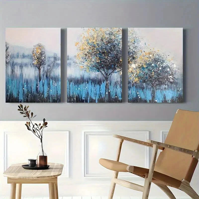 3pcs Abstract Blue and Yellow Tree Metal Print Ready to Hang Art