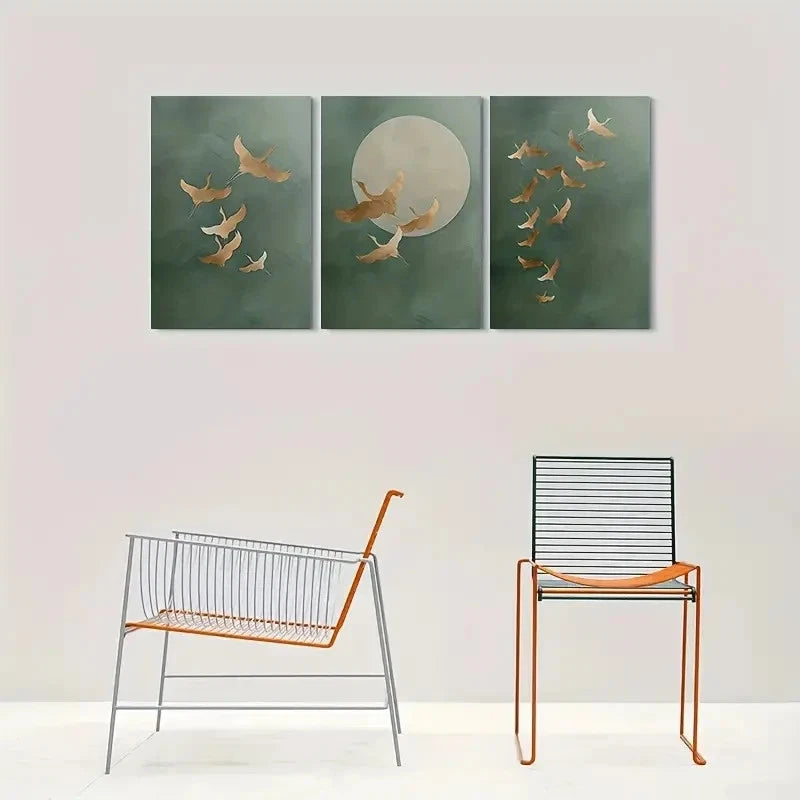 3pcs Golden Birds Moonlit Night Sky with Green Metal Print Ready to Hang Art