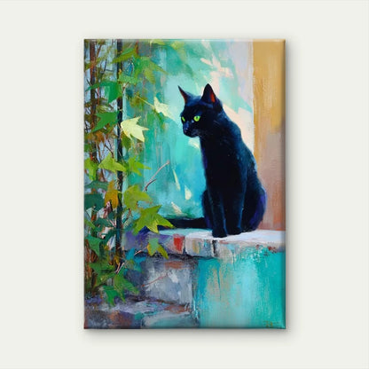 Black Cat in Spain with Green Leaves 60x90cm Metal Print Ready to Hang