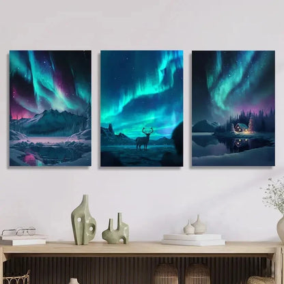 3pcs Arctic Night Scene with Auroras And Deer, Metal Print Ready to Hang Art