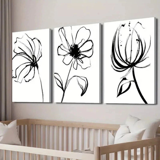 3pcs Black and White Wildflower Deco Wall Art Set Canvas Framed 60x90cm - High Quality Print 100% Australian Made Wall Canvas Ready to Hang