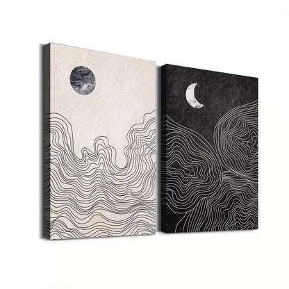 2-Piece Abstract Sun and Moon Geometric Framed 50x75cm - High Quality Print 100% Australian Made Wall Canvas Ready to Hang - Bella Home Decor
