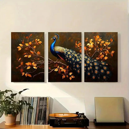 3pcs Peacock and Autumn Leaves Metal Print Ready to Hang Art