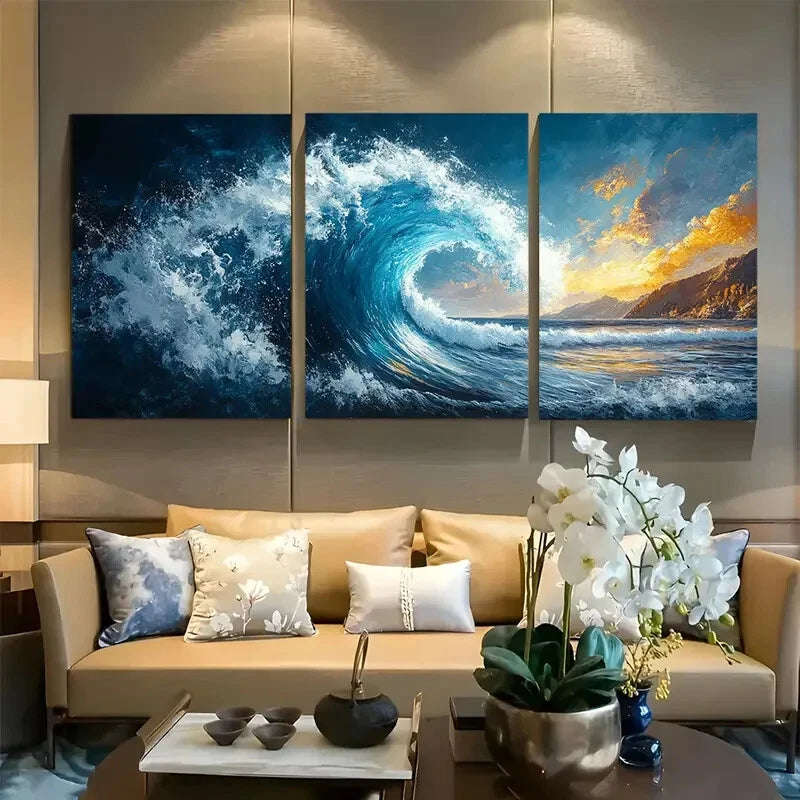 3pcs Dynamic Wave Coastal Abstract Ocean Inspired Metal Print Ready to Hang Art