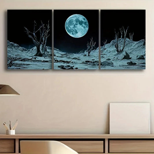 Triptych wall art of a moonlit landscape with trees on a beige wall.