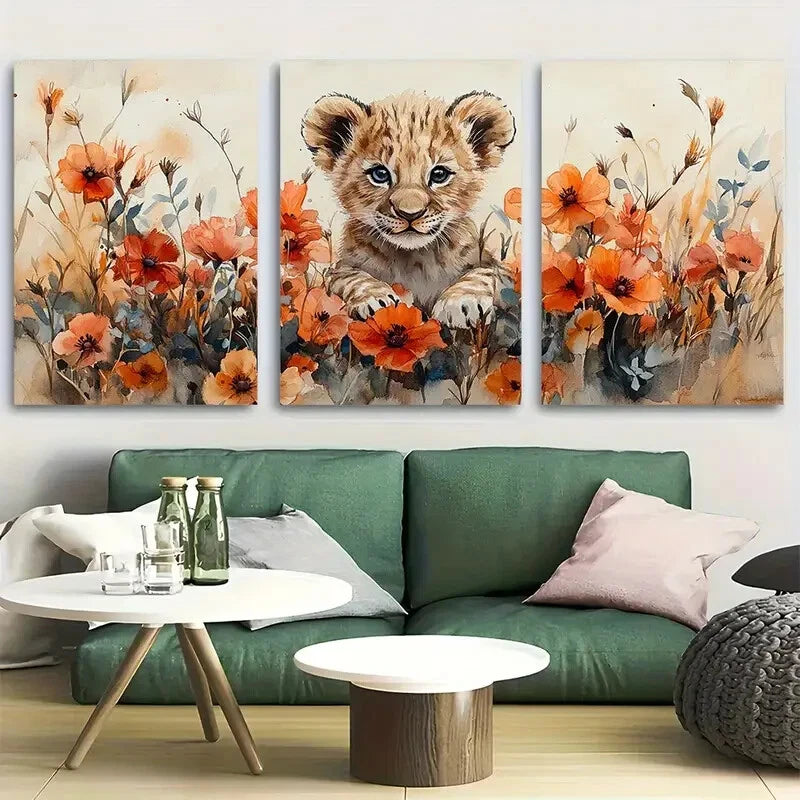 3pcs Lion Cub Playing in Wildflowers Metal Print Ready to Hang Art