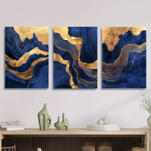 3pcs Abstract Wavy Blue Marble and Golden Gilt Wall Art Set Canvas Unframed - High Quality Print 100% Australian Made Wall Canvas