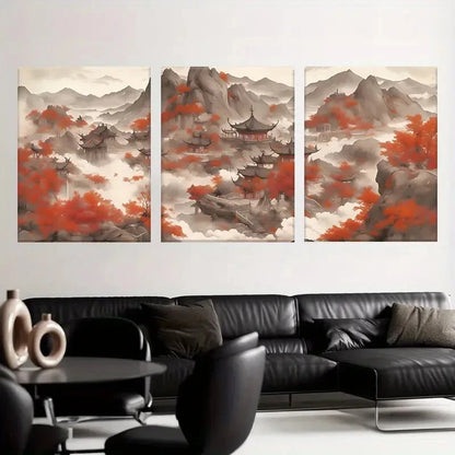 3pcs Traditional Chinese Landscape Wall Art Metal Print Ready to Hang Art