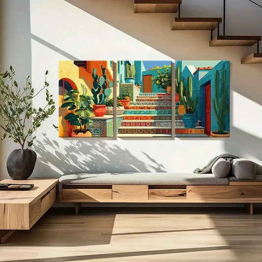 3pcs Vibrant Mediterranean Staircase Art Metal Print Ready to Hang Art