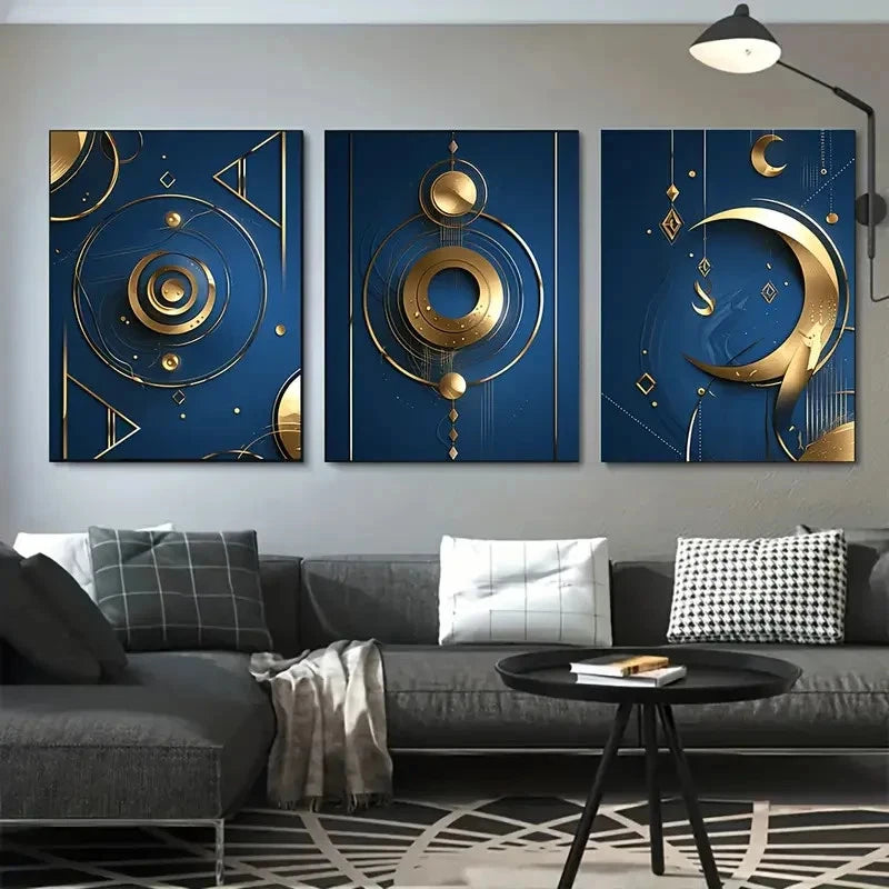 3pcs Navy Blue & Golden Geometric Painting Metal Print Ready to Hang Art