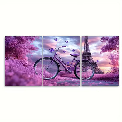 3pcs Bike with Lavender Butterflies by Eiffel TowerMetal Print Ready to Hang Art