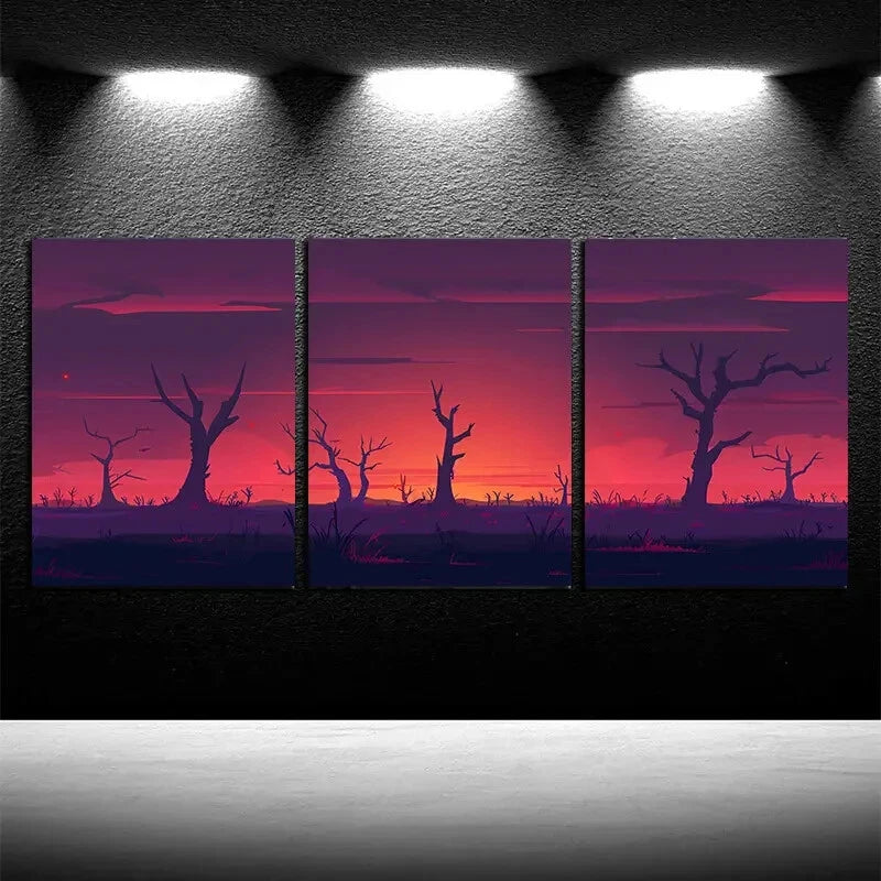 3pcs Purple Forest Sunset Illustration Metal Print Ready to Hang Art