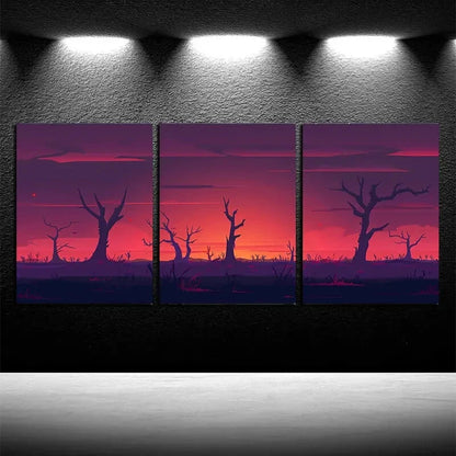 3pcs Purple Forest Sunset Illustration Metal Print Ready to Hang Art