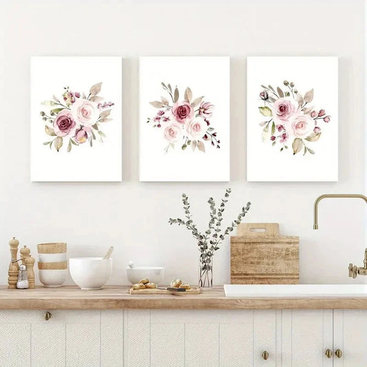 3pcs Rose Flower Pink Watercolor Style Prints Metal Print Ready to Hang Art