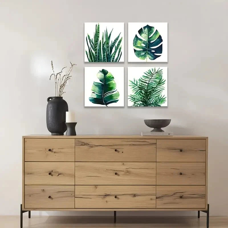 4pcs Green Plant & Sage Monstera Leaf Wall Art Canvas Framed
