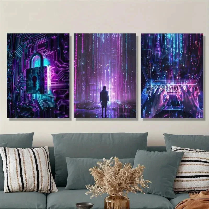 3pcs Computer digital world, program Metal Print Ready to Hang Art