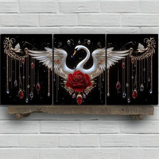 3pcs Red Rose And White Swan Modern Metal Print Ready to Hang Art