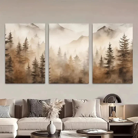 3pcs Foggy Mountain Pine Trees Misty Forest Metal Print Ready to Hang Art