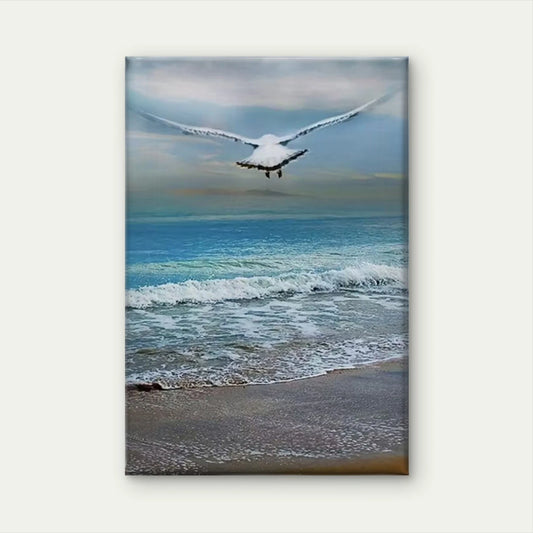 Beach Scene with Soaring Seagull 60x90cm Metal Print Ready to Hang