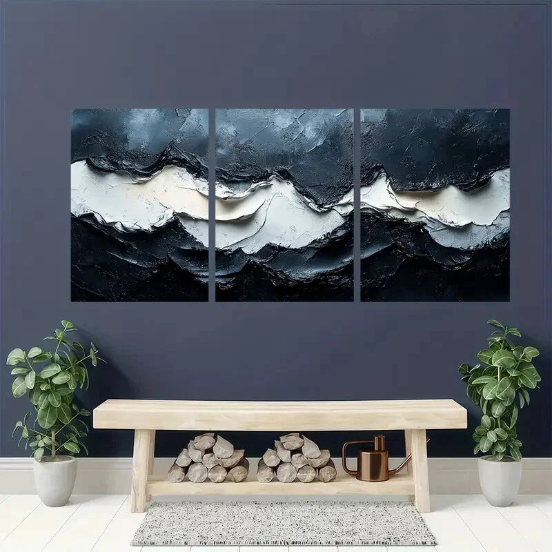 3pcs Black and White Acrylic Abstract Painting Metal Print Ready to Hang Art