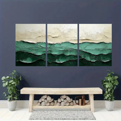3pcs Abstract Green & White Textured Metal Print Ready to Hang Art