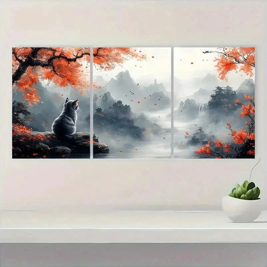 3pcs Chinese Style Cat on Tree Metal Print Ready to Hang Art