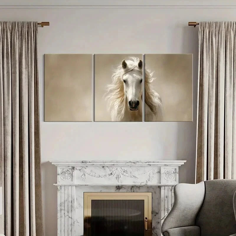 3pcs White Horse Art Elegant Mane Soft Lighting Metal Print Ready to Hang Art