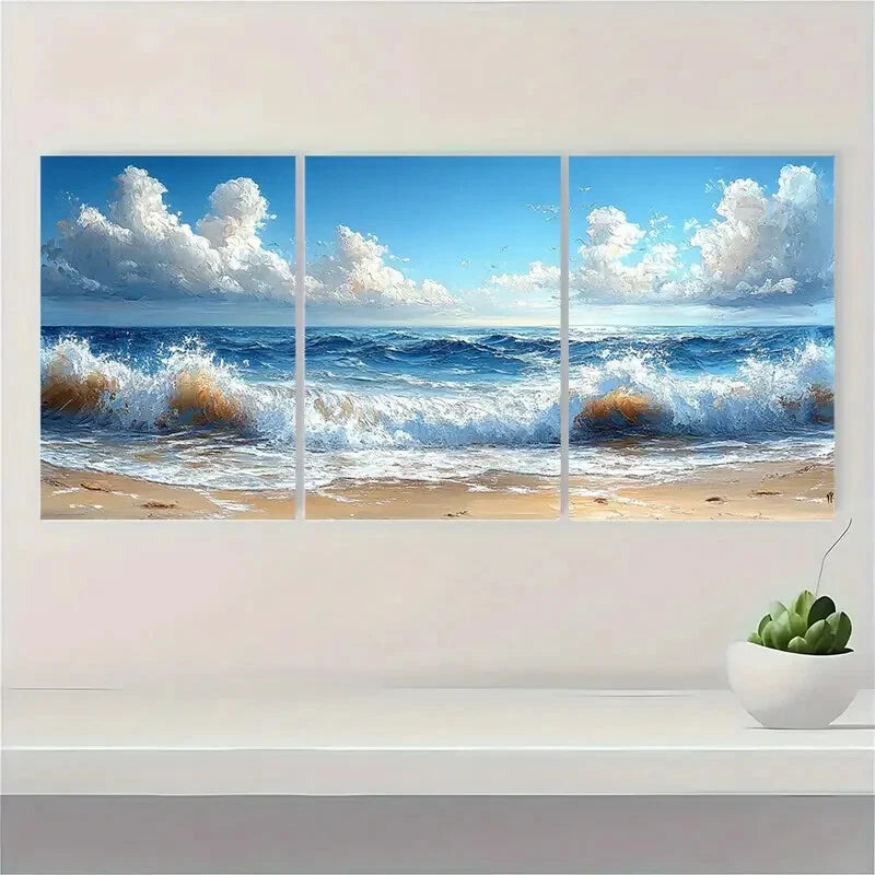 3pcs Beach Ocean Wave Seascape Oil Painting Metal Print Ready to Hang Art