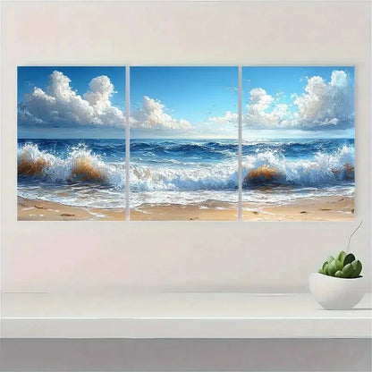 3pcs Beach Ocean Wave Seascape Oil Painting Metal Print Ready to Hang Art