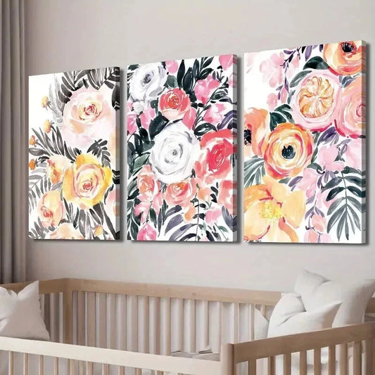 3pcs Botanical Colorful Flowers and Plant Leaves Wall Art Set Canvas Framed 50x70cm - High Quality Print 100% Australian Made Wall Canvas Ready to Hang